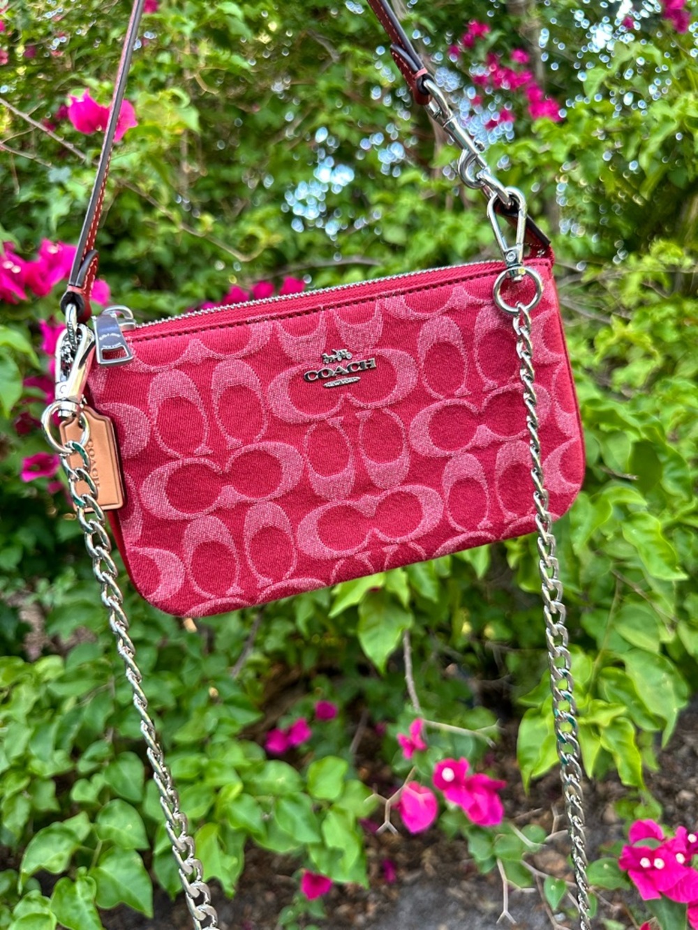 Coach Red Denim Nolita 19 with No brand Silver Chain